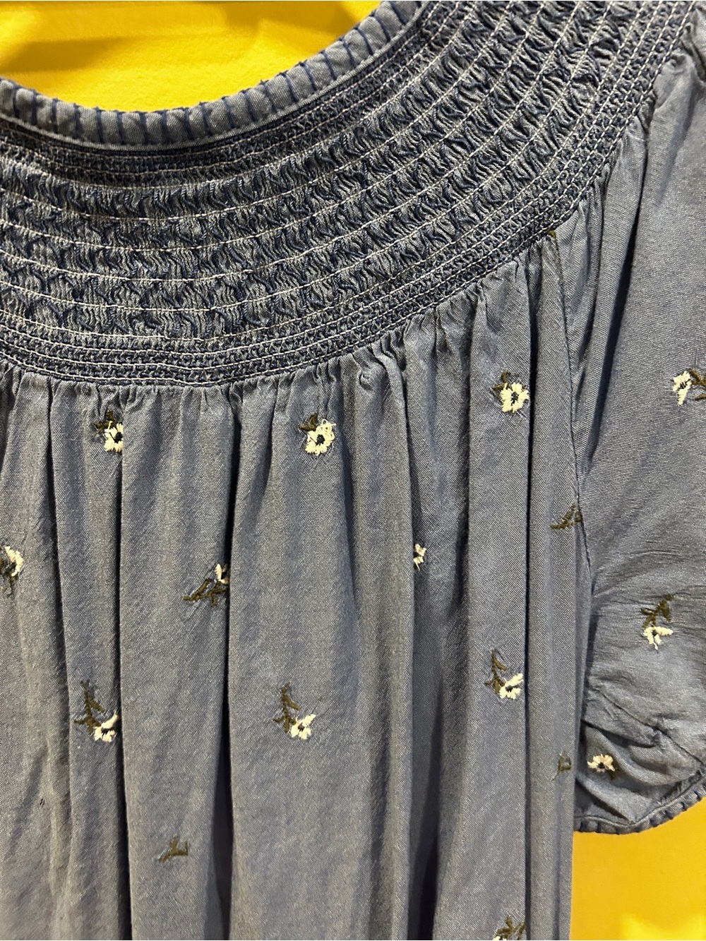 Blue Smocked-Neck Blouse